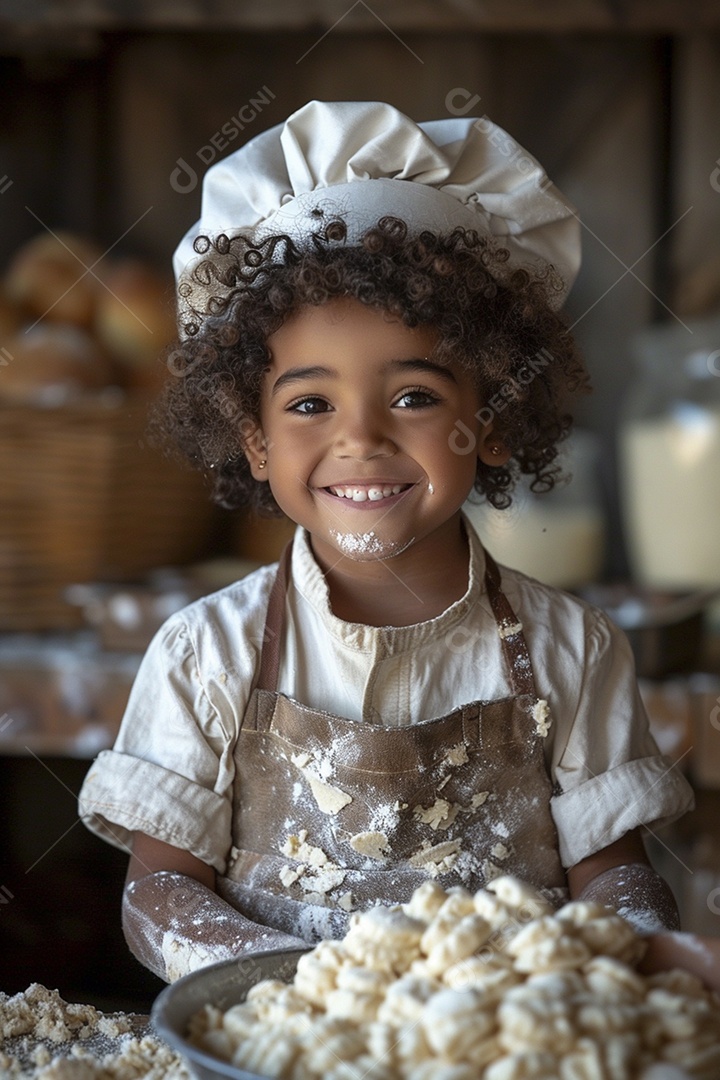Criança feliz usando um chapéu de chef amassando massa