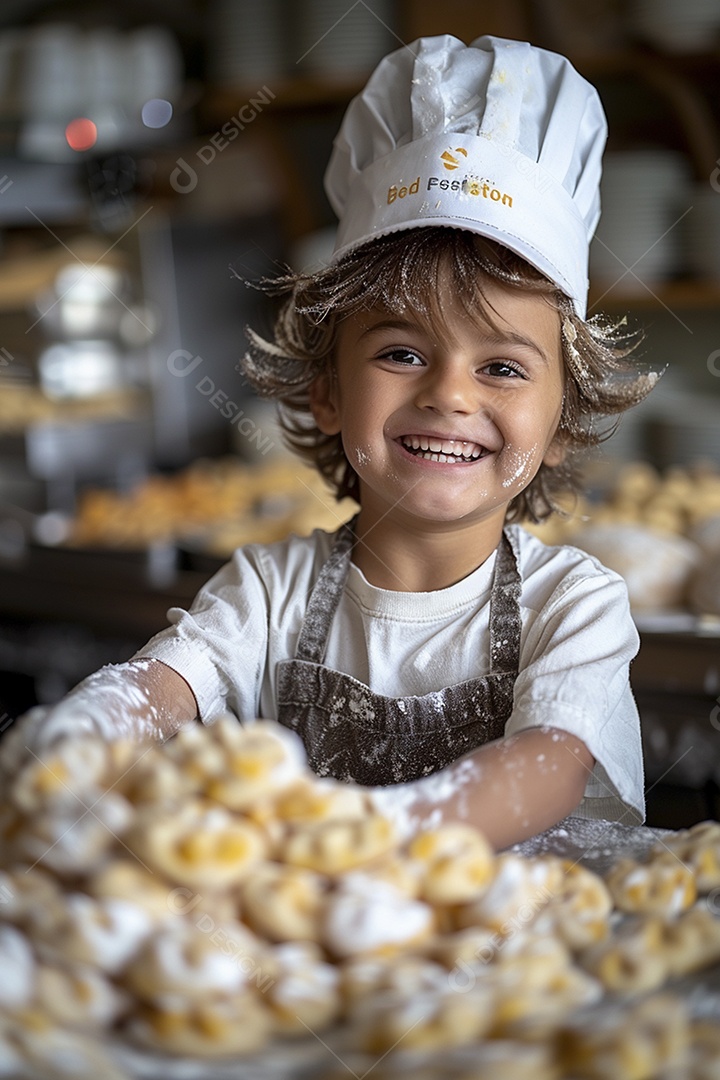 Criança feliz usando um chapéu de chef amassando massa