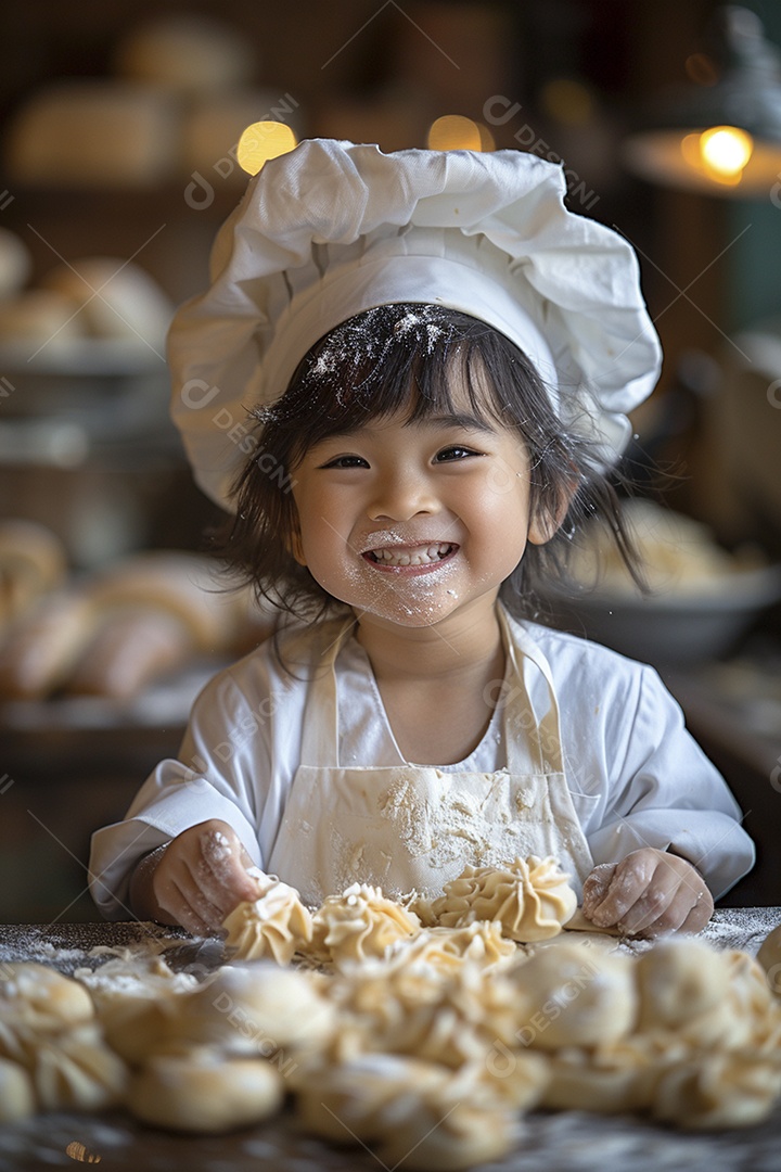 Criança feliz usando um chapéu de chef amassando massa