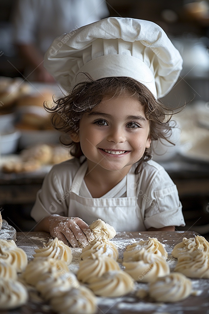 Criança feliz usando um chapéu de chef amassando massa