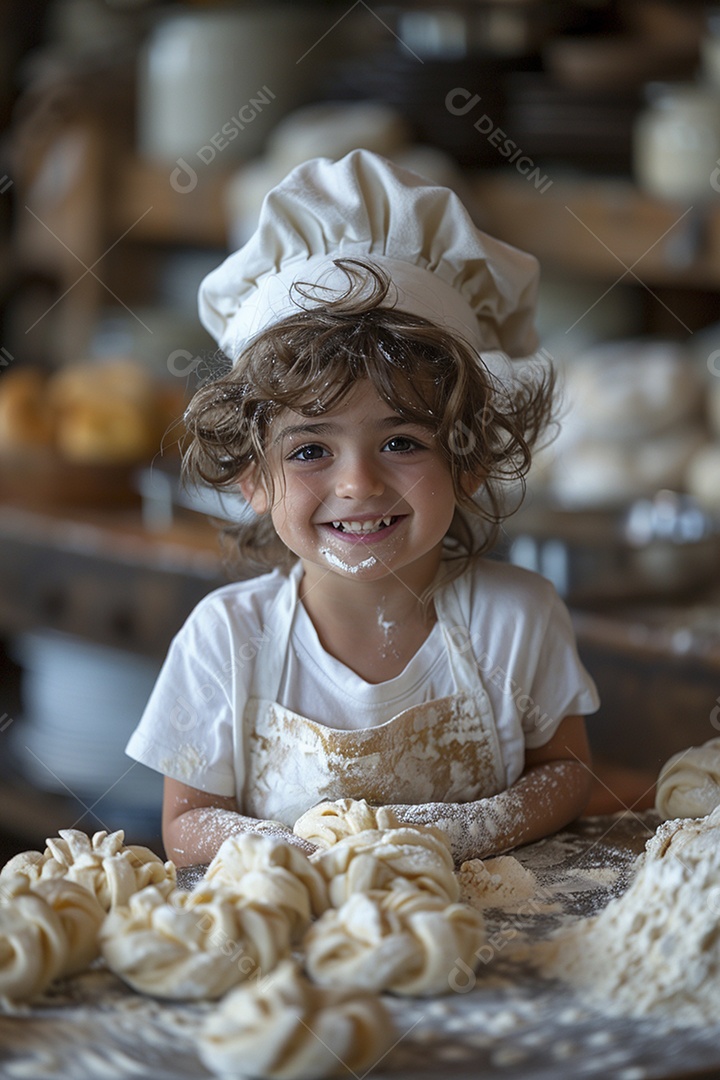 Criança feliz usando um chapéu de chef amassando massa