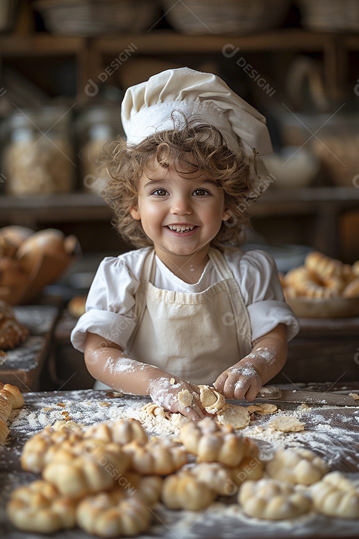 Criança feliz usando um chapéu de chef amassando massa