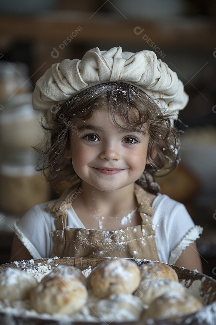 Criança feliz usando um chapéu de chef amassando massa
