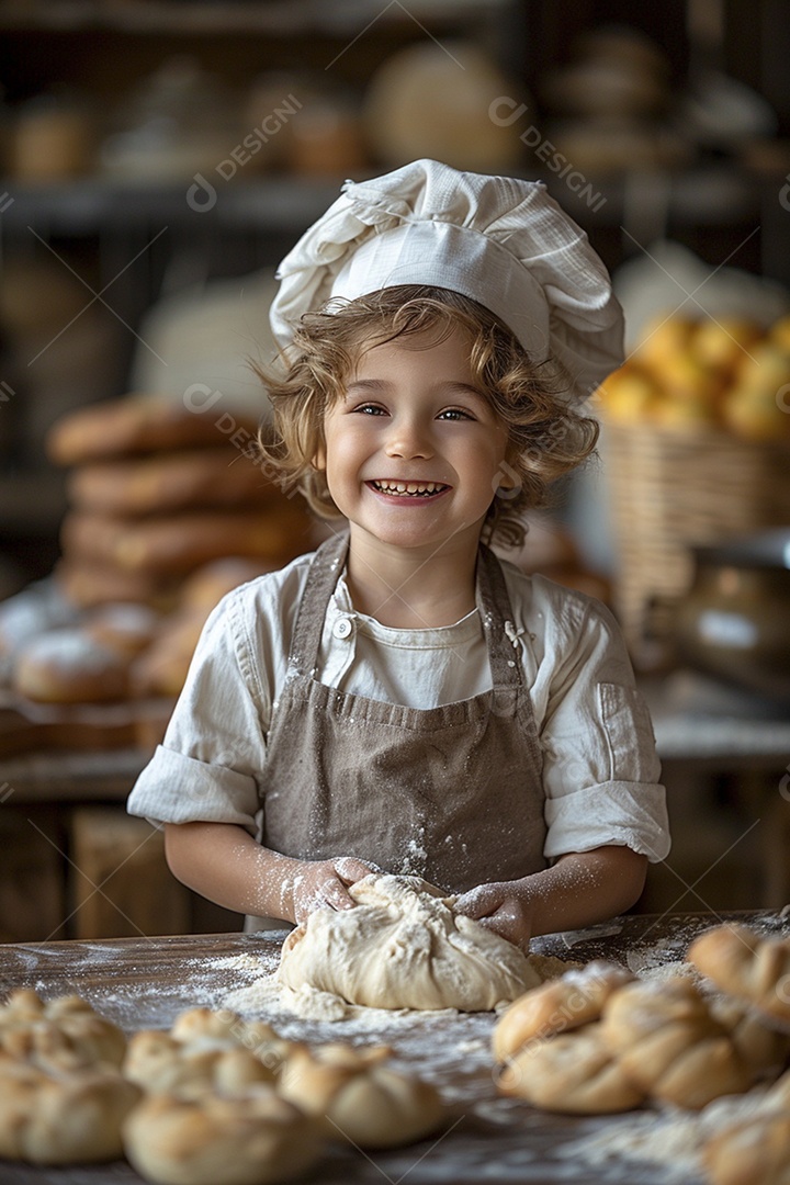 Criança feliz usando um chapéu de chef amassando massa