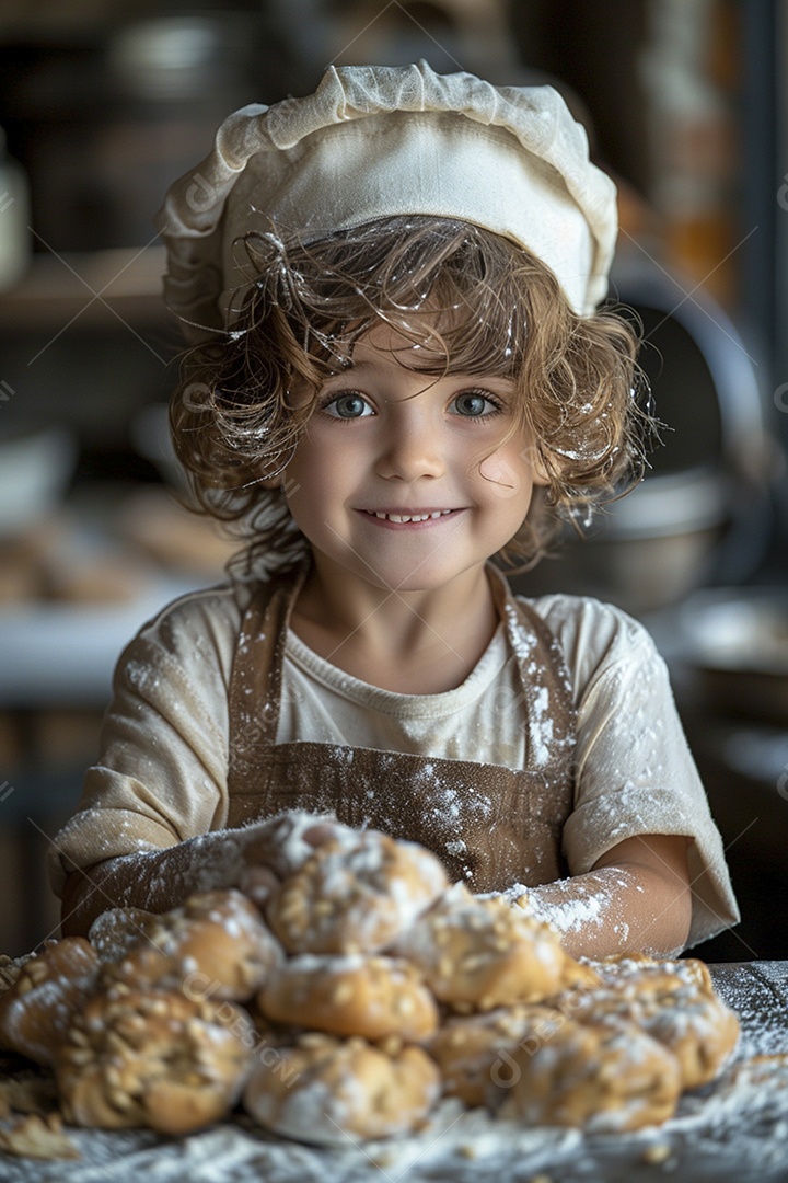 Criança feliz usando um chapéu de chef amassando massa