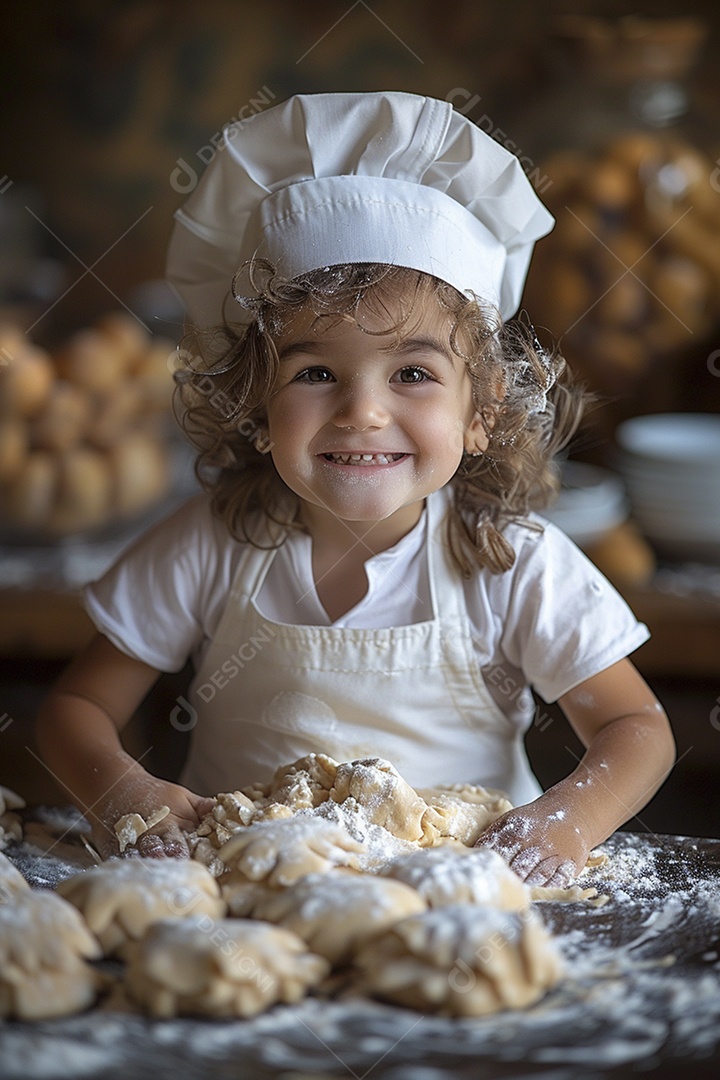 Criança feliz usando um chapéu de chef amassando massa