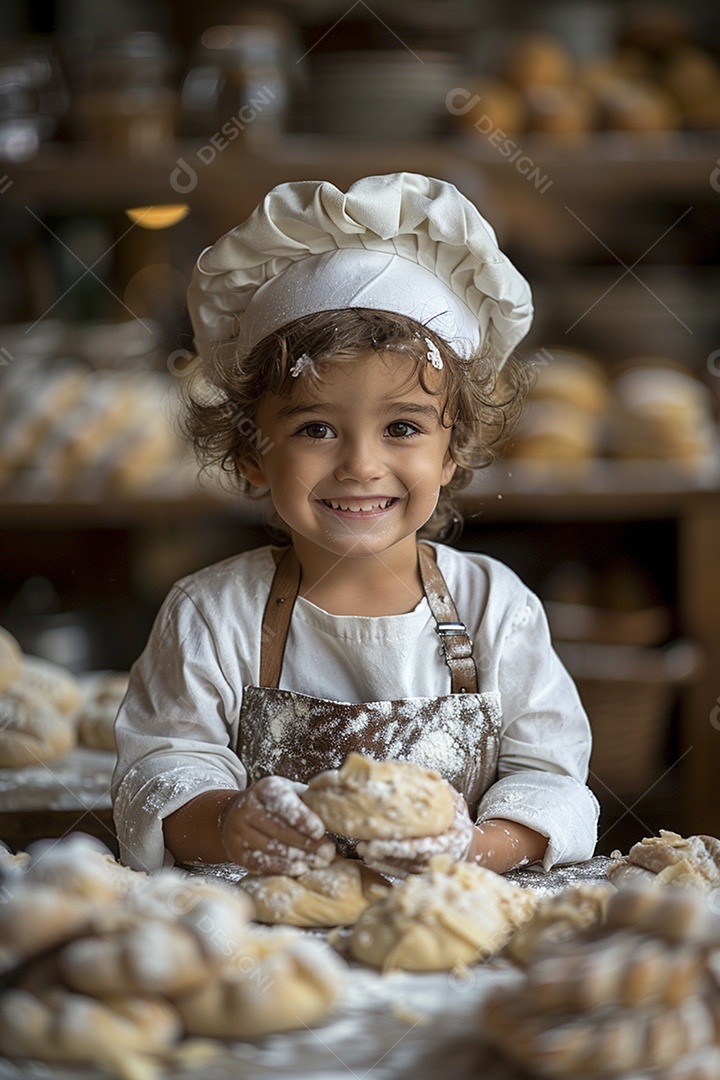 Criança feliz usando um chapéu de chef amassando massa