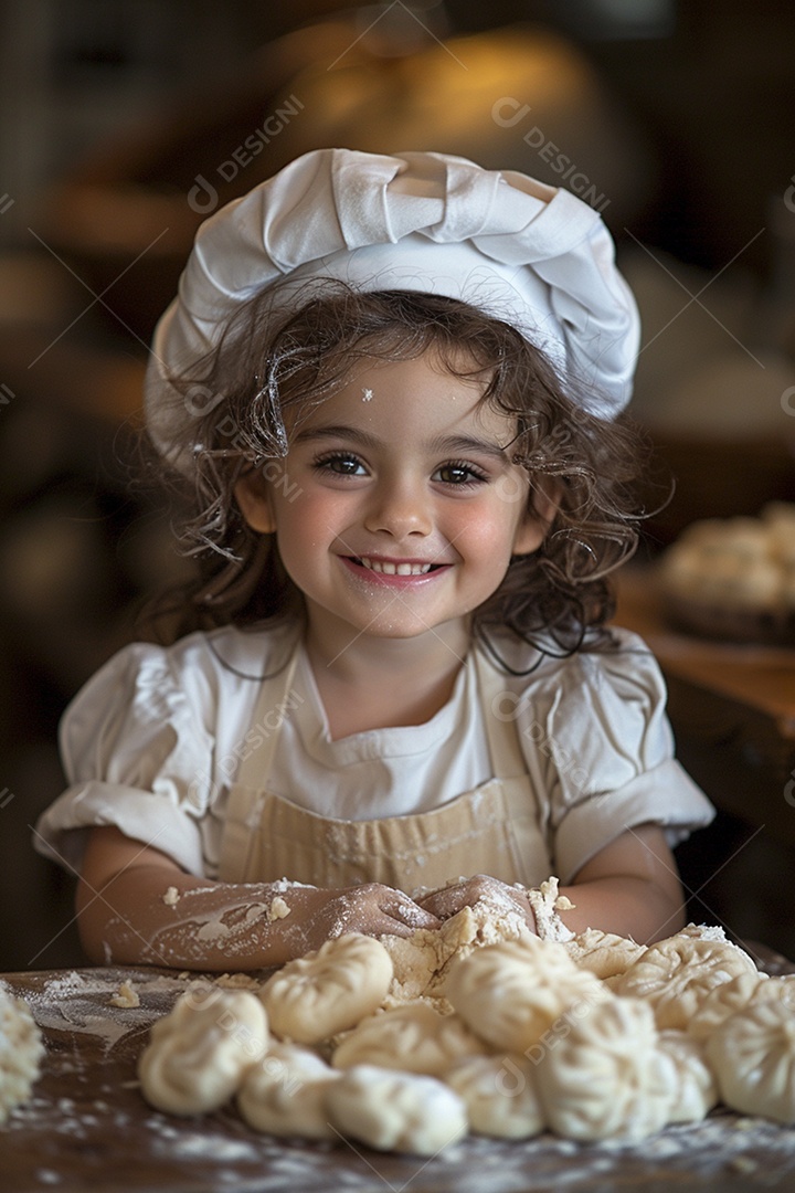 Criança feliz usando um chapéu de chef amassando massa