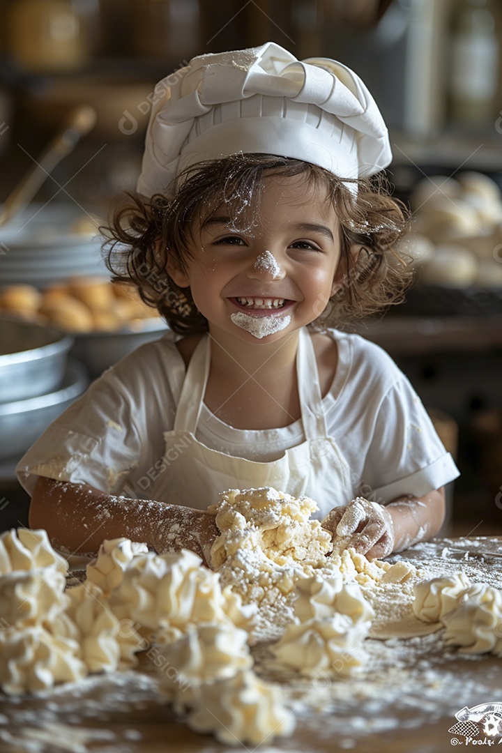 Criança feliz usando um chapéu de chef amassando massa