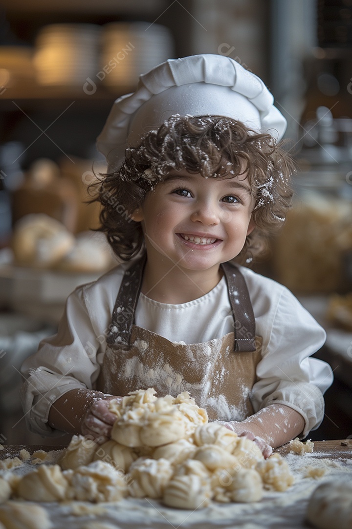 Criança feliz usando um chapéu de chef amassando massa