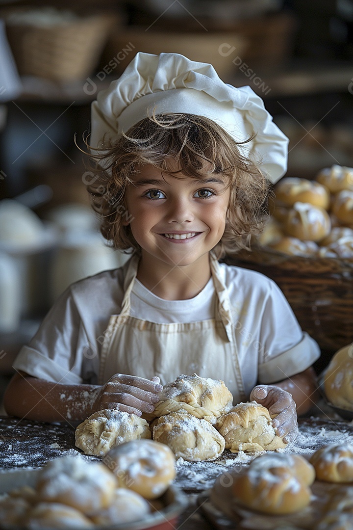 Criança feliz usando um chapéu de chef amassando massa
