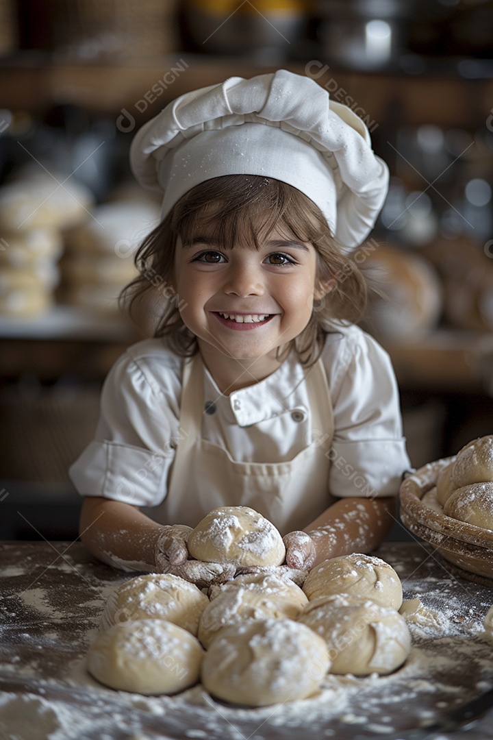 Criança feliz usando um chapéu de chef amassando massa