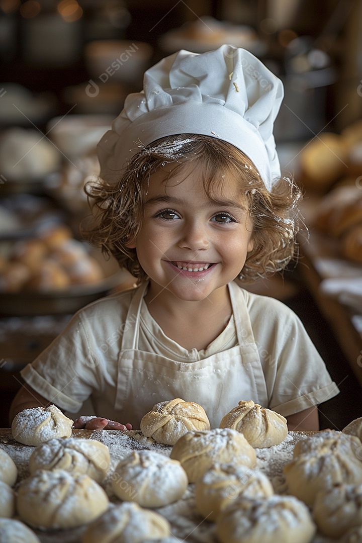 Criança feliz usando um chapéu de chef amassando massa