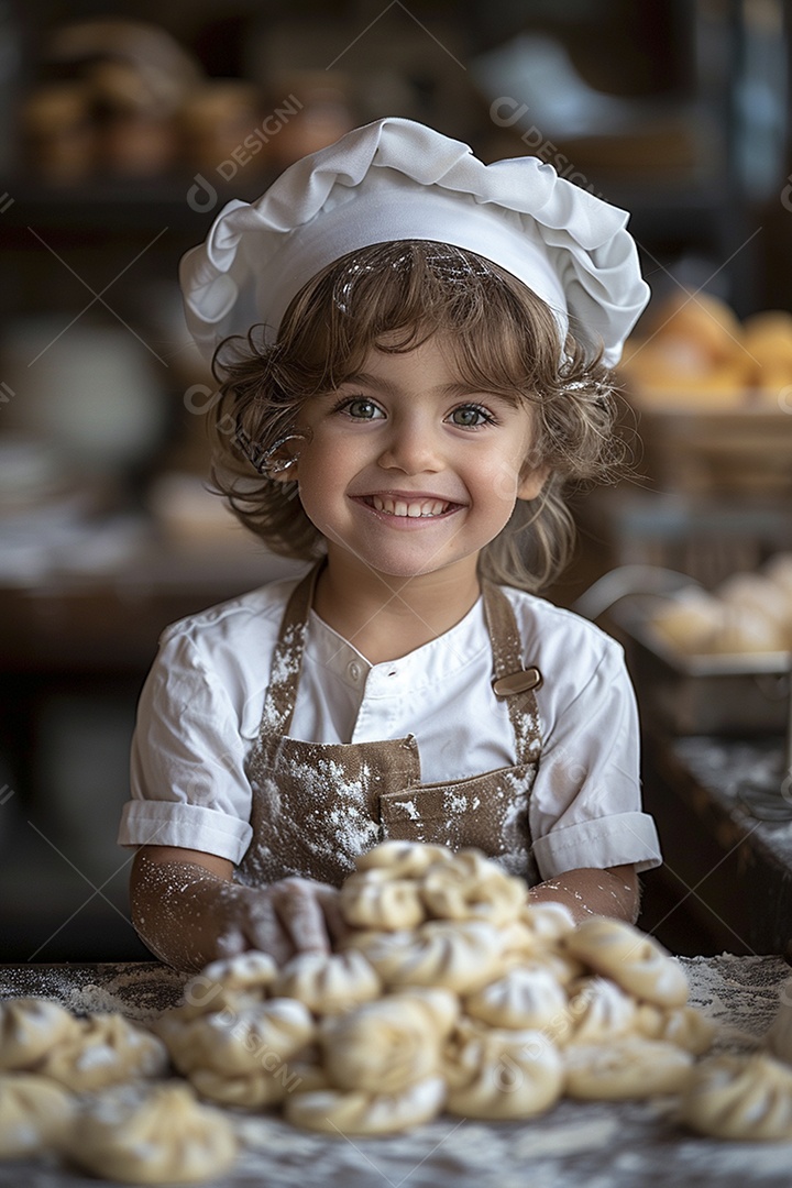 Criança feliz usando um chapéu de chef amassando massa