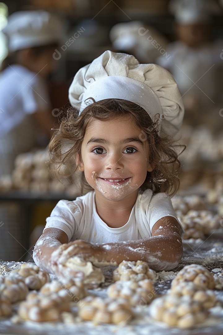 Criança feliz usando um chapéu de chef amassando massa