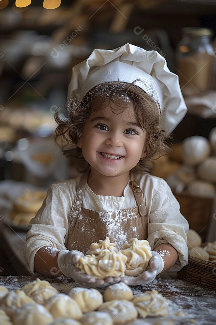 Criança feliz usando um chapéu de chef amassando massa