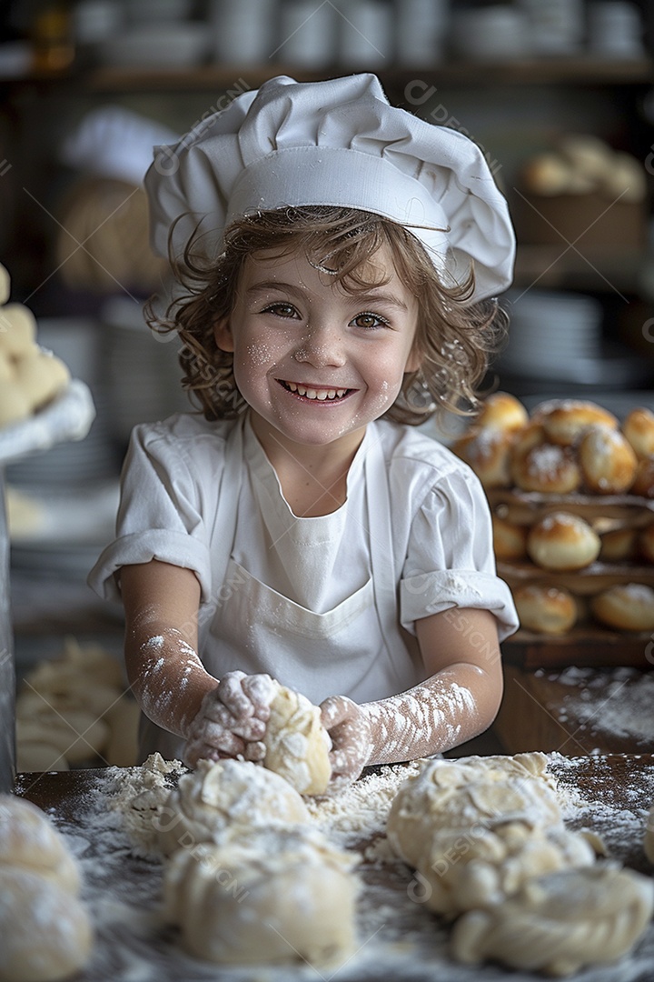 Criança feliz usando um chapéu de chef amassando massa