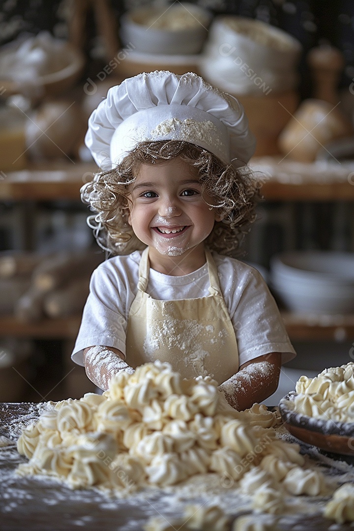 Criança feliz usando um chapéu de chef amassando massa