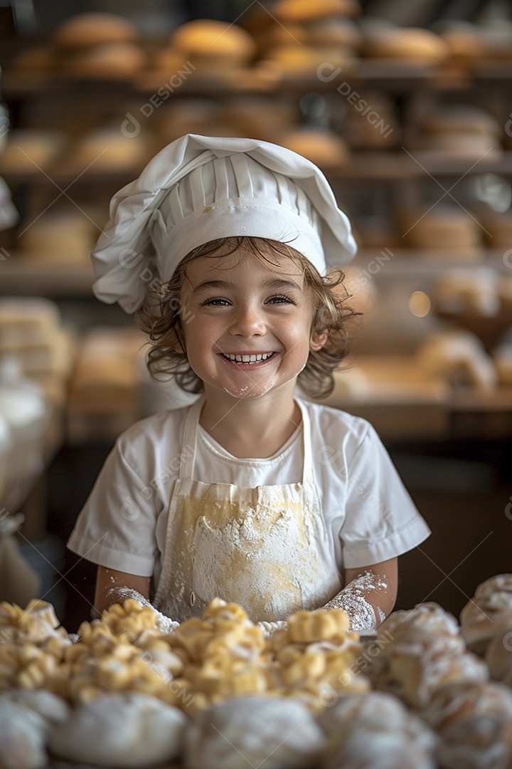 Criança feliz usando um chapéu de chef amassando massa