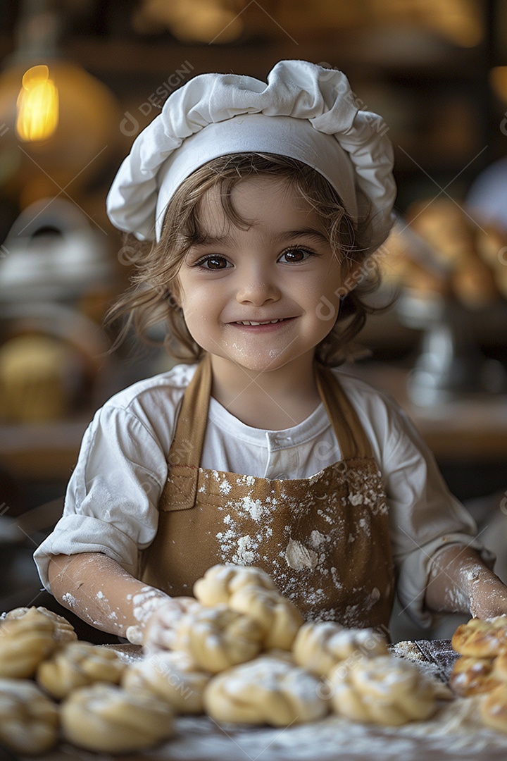 Criança feliz usando um chapéu de chef amassando massa