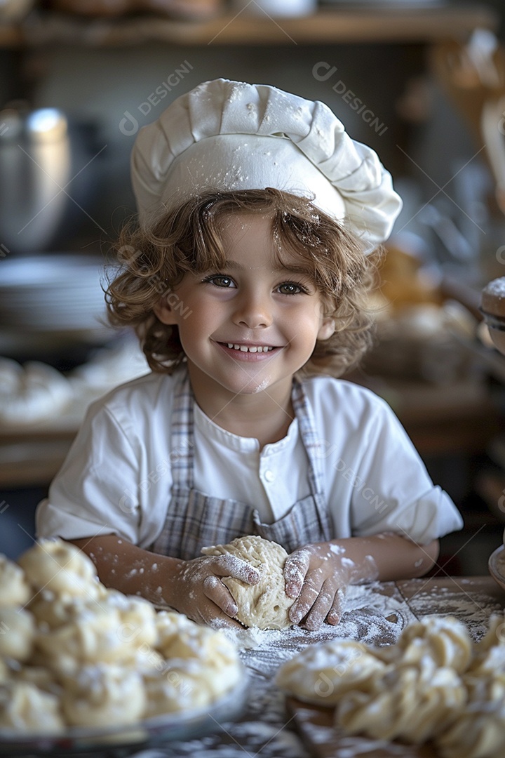 Criança feliz usando um chapéu de chef amassando massa