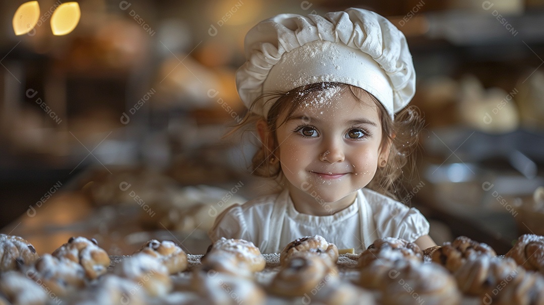 Criança feliz usando um chapéu de chef amassando mass