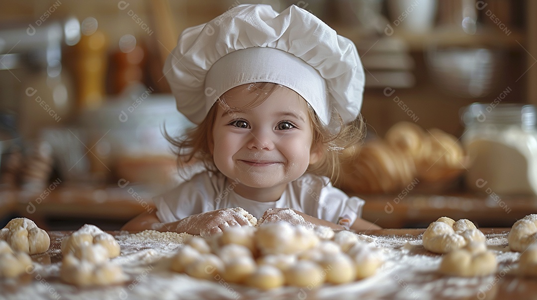 Criança feliz usando um chapéu de chef amassando massa