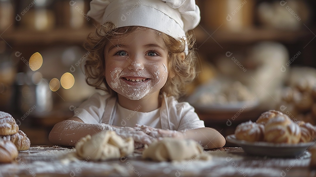 Criança feliz usando um chapéu de chef amassando massa