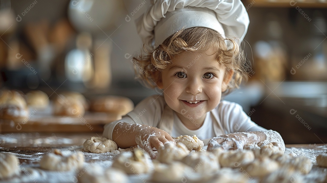 Criança feliz usando um chapéu de chef amassando massa