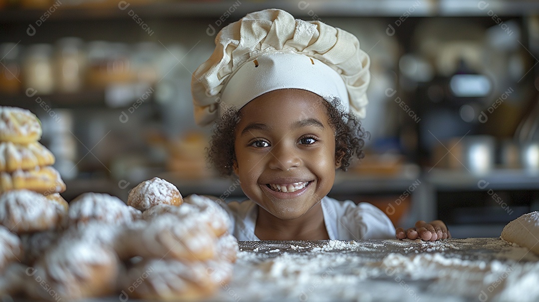 Criança feliz usando um chapéu de chef amassando massa