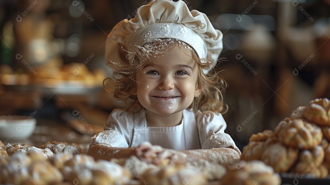 Criança feliz usando um chapéu de chef amassando massa