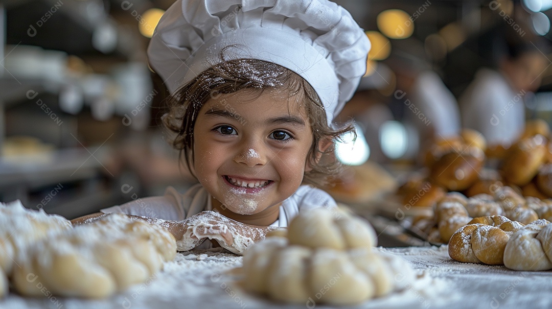 Criança feliz usando um chapéu de chef amassando massa