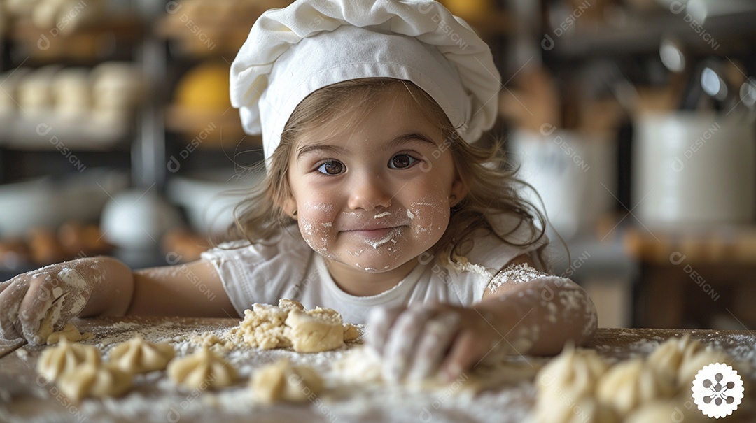 Criança feliz usando um chapéu de chef amassando massa