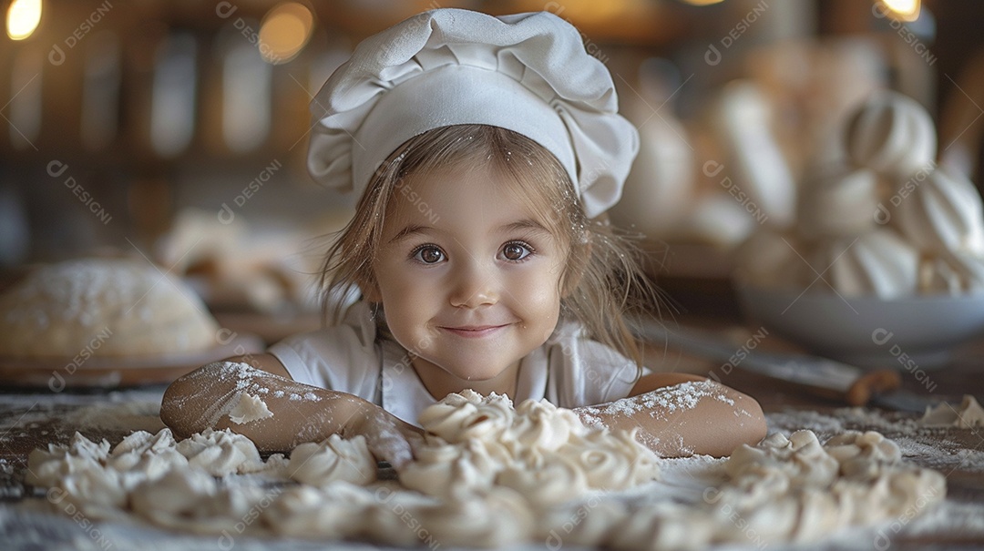 Criança feliz usando um chapéu de chef amassando massa