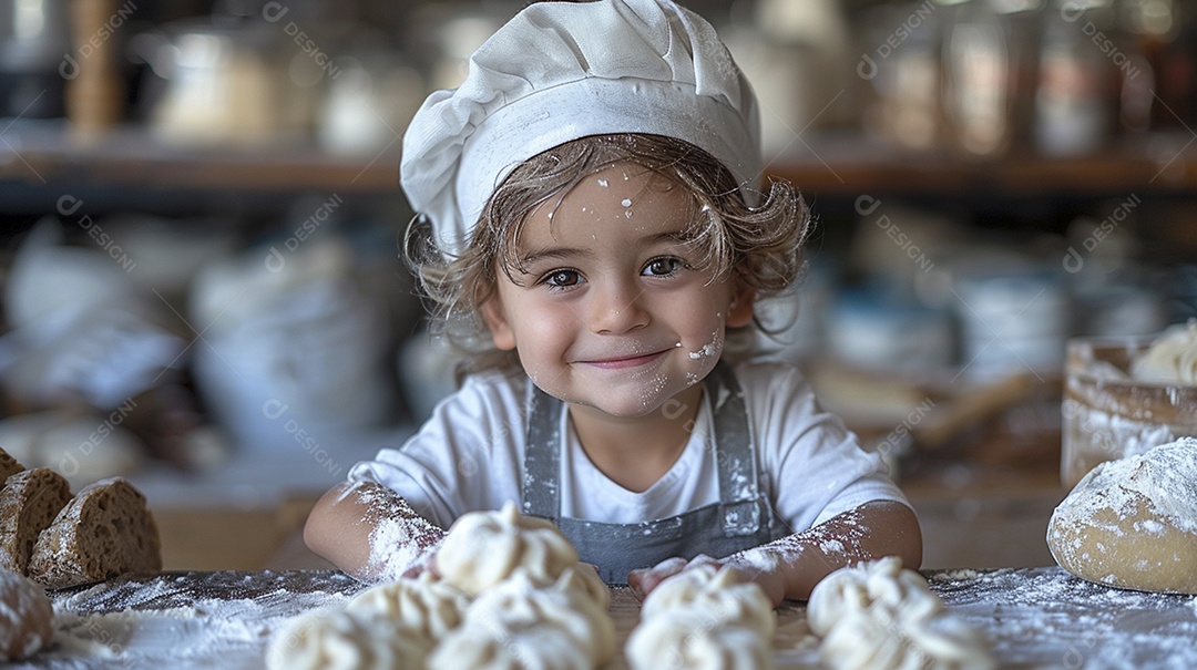 Criança feliz usando um chapéu de chef amassando massa