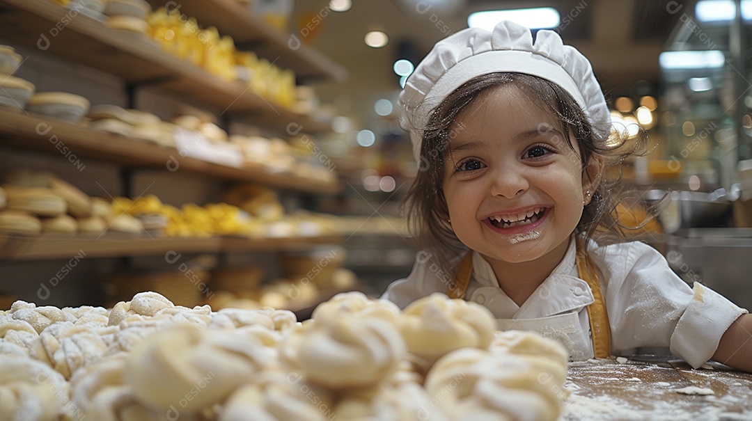 Criança feliz usando um chapéu de chef amassando massa