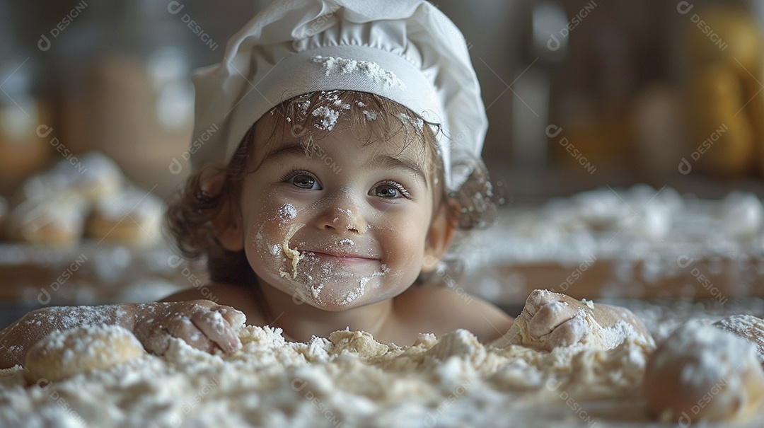 Criança feliz usando um chapéu de chef amassando massa