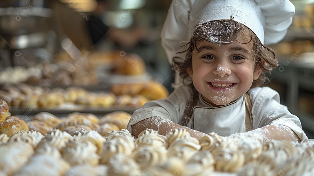 Criança feliz usando um chapéu de chef amassando massa