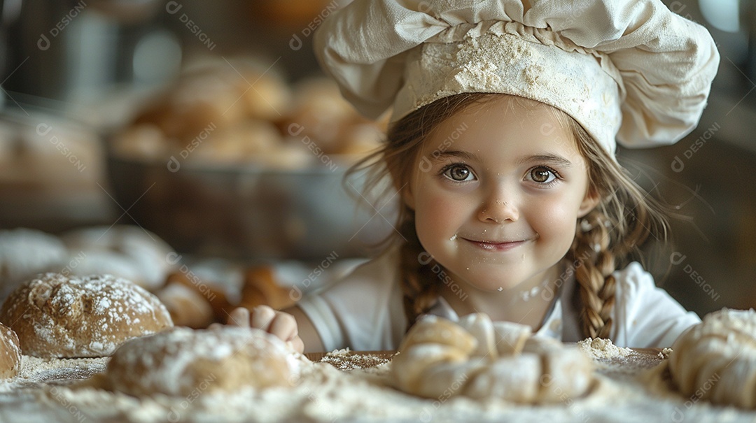 Criança feliz usando um chapéu de chef amassando massa