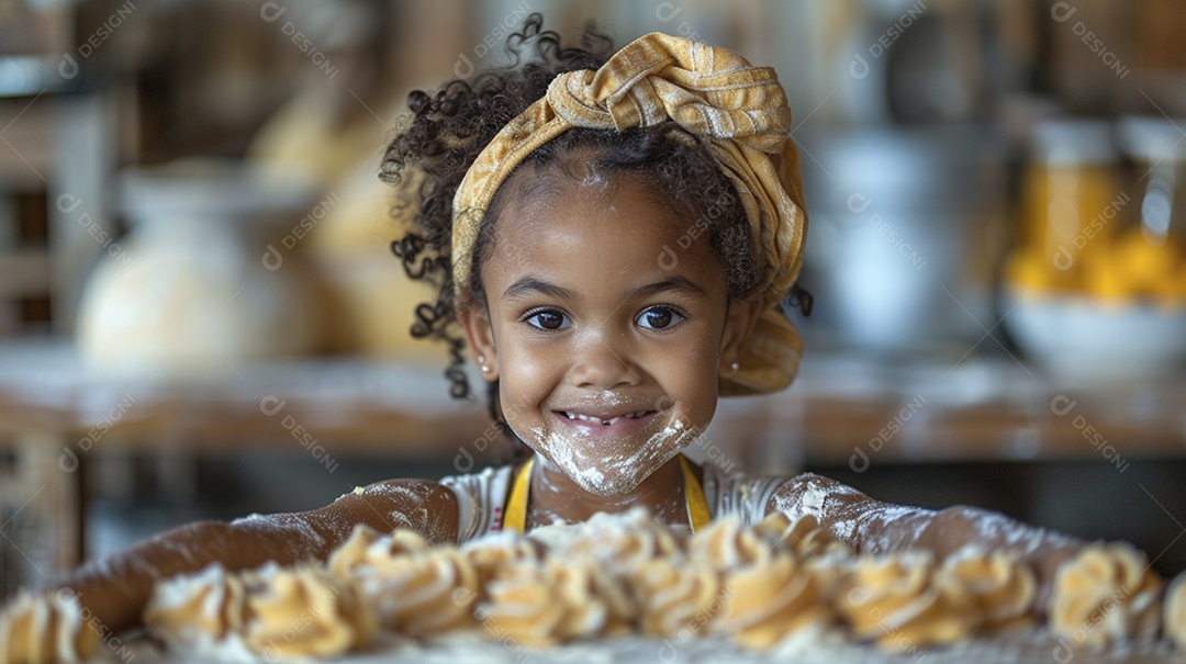 Criança feliz usando um chapéu de chef amassando massa