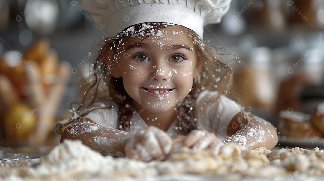 Criança feliz usando um chapéu de chef amassando massa
