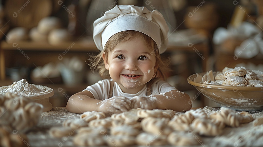 Criança feliz usando um chapéu de chef amassando massa