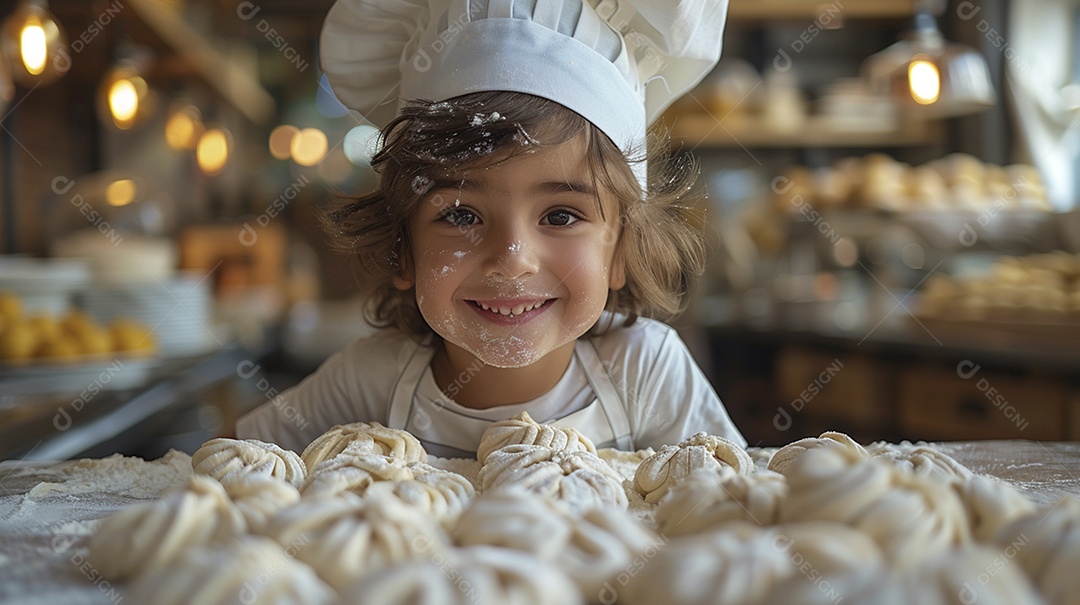 Criança feliz usando um chapéu de chef amassando massa
