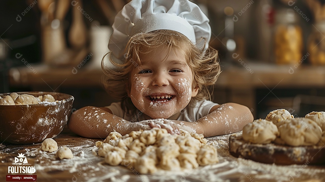 Criança feliz usando um chapéu de chef amassando massa