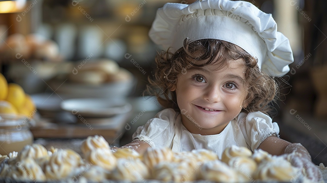 Criança feliz usando um chapéu de chef amassando massa