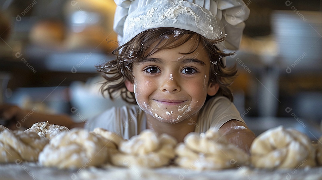 Criança feliz usando um chapéu de chef amassando massa