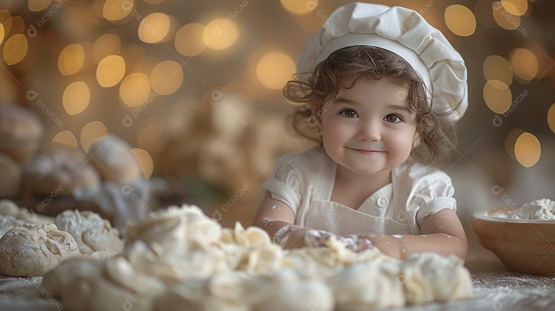 Criança feliz usando um chapéu de chef amassando massa