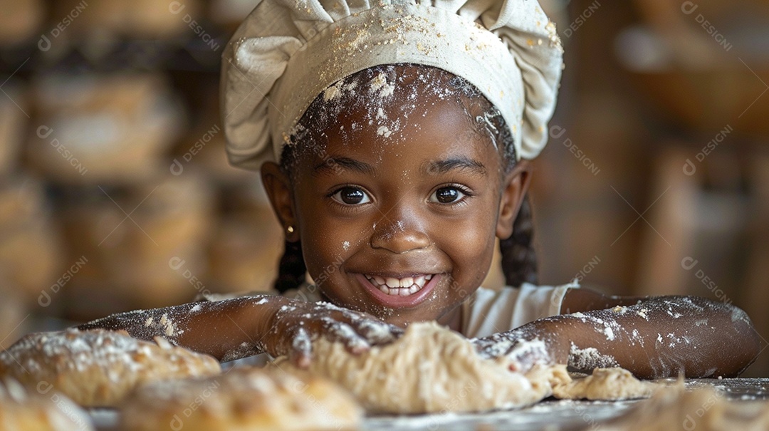 Criança feliz usando um chapéu de chef amassando massa