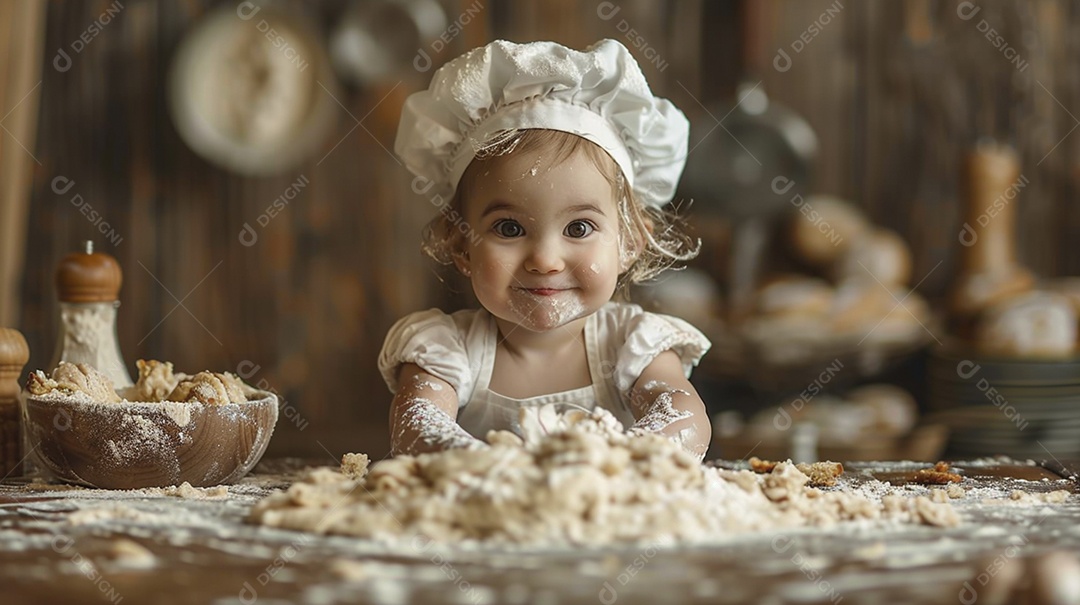 Criança feliz usando um chapéu de chef amassando massa