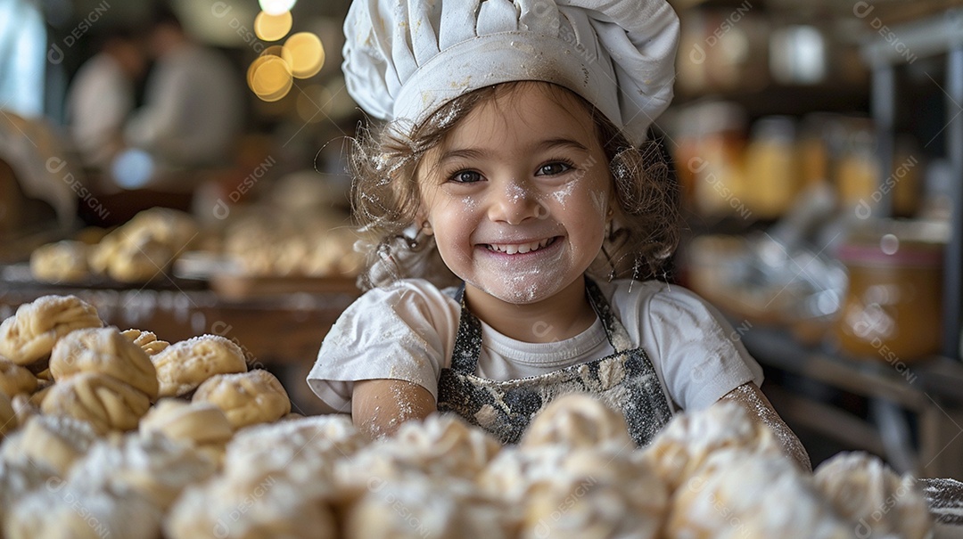 Criança feliz usando um chapéu de chef amassando massa